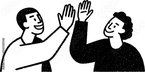 Team celebration with coworkers high-fiving in hand-drawn sketch style