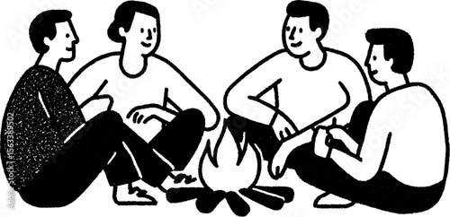 Friends enjoying campfire chat in hand drawn sketch design for social gatherings