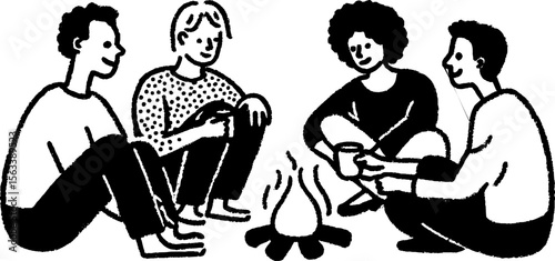 Friends enjoying campfire conversation - cozy outdoor gathering mood