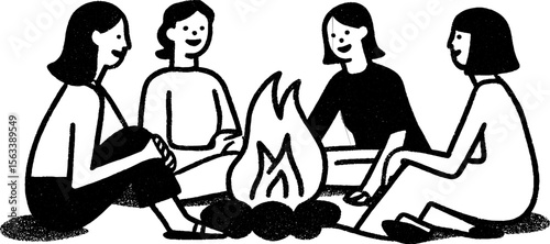 Friends gathering around campfire, socializing outdoors, design for posters or cards