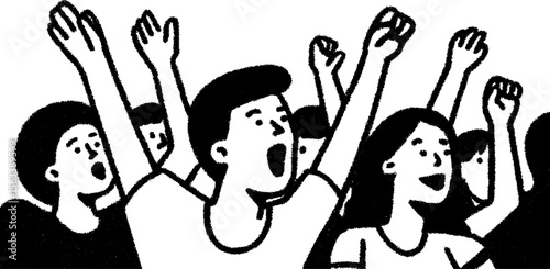 Friends cheering at a game in black and white sketch style for team spirit poster