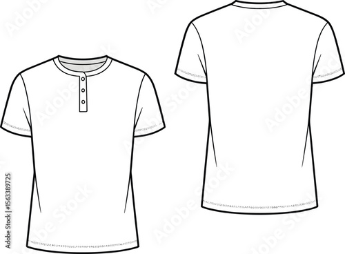 Basic henley t-shirt cad drawing flat vector illustration front and back view with button placket short sleeves casual fashion design template