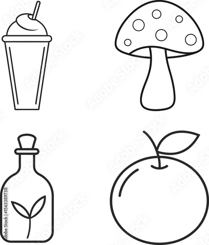 Condiments and Beverage Line Art Olive Oil Cocktail and Mushroom Icons