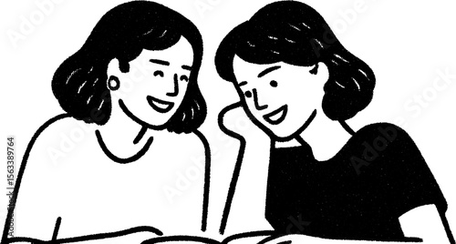 Friends laughing together while reminiscing over a photo album