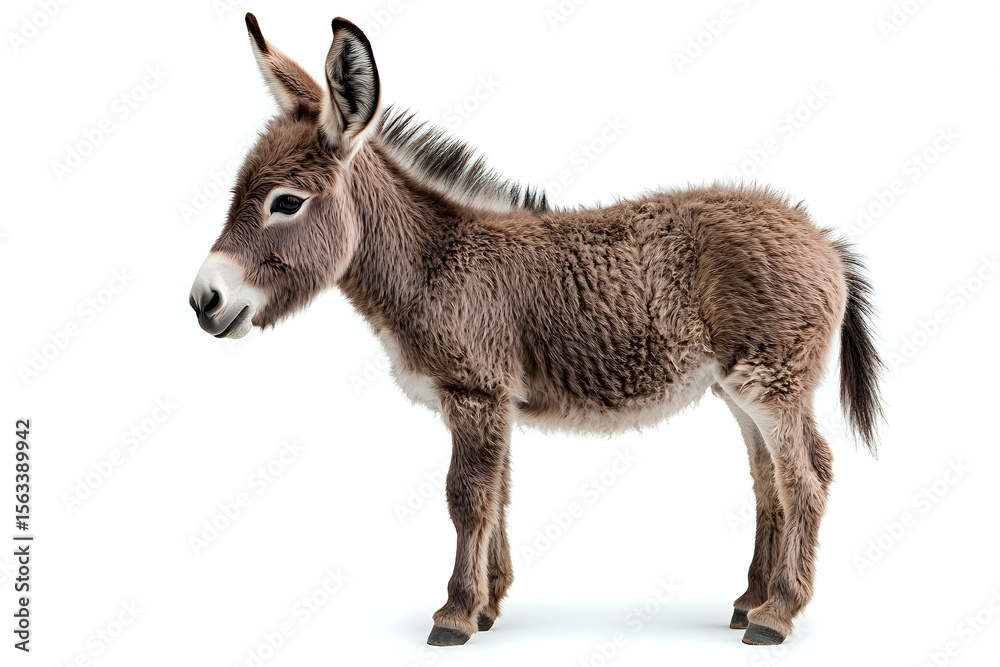 Fototapeta premium Young brown donkey foal with fluffy fur coat standing in profile view against white background, isolated farm animal for agricultural and nature designs.