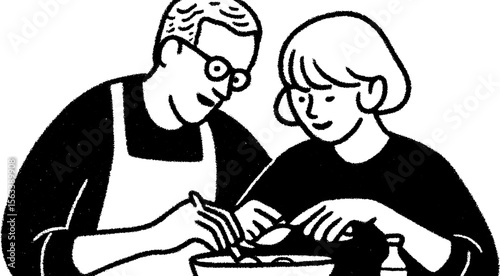 Nostalgic family scene of grandparents baking cookies together