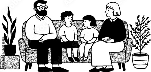 Family conversation with grandparents and children in living room setting