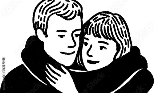 Heartwarming moment of embrace as one person tucks a scarf gently around another