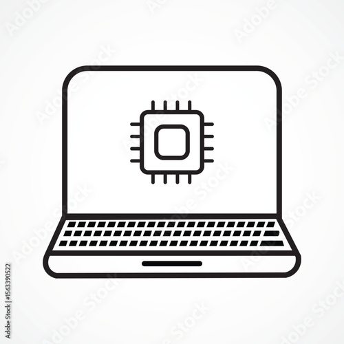 Vector Illustration of Laptop with AI Microchip line cion with white background– Futuristic Computer Technology, Processor Icon, Machine Learning Concept