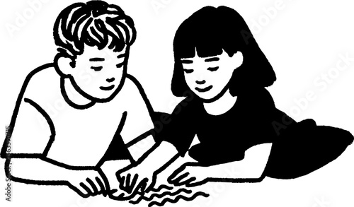Siblings enjoying playtime with board games on the floor - simple hand drawn art