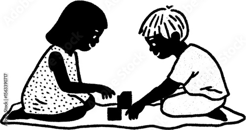 Captivating childhood moments: siblings building with toy blocks