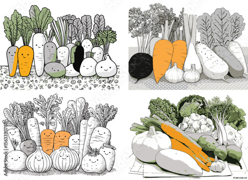 A vector illustration of vegetables in black and white line art, perfect for coloring pages or clipart with a simple background design
