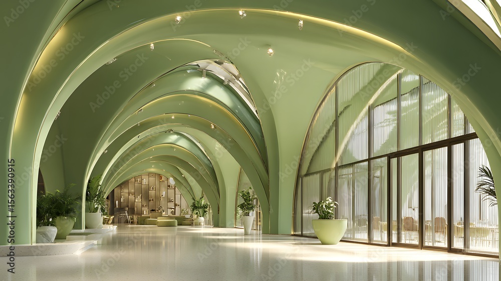 Obraz premium Futuristic green arched luxury mall interior with natural light and modern plants