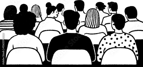 Sketch of people attending an evening lecture with diverse hairstyles