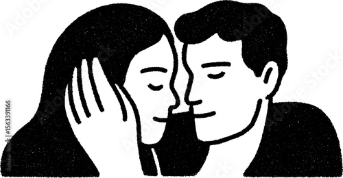 Tender moment sketch of a couple gently brushing hair with hand-drawn texture