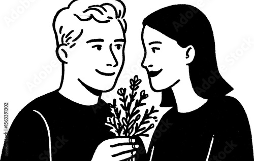Romantic gesture: a sketch of a couple with flowers for love and appreciation