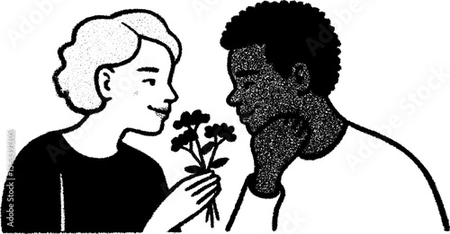 Romantic gesture sketch of a couple sharing flowers in love