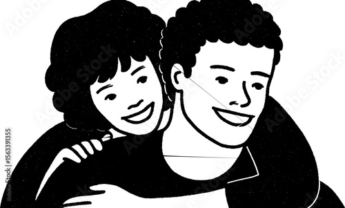 Playful couple embrace in joyful sketch art