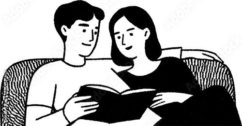 Cozy couple reading aloud together in sketch art style for relaxation and bonding