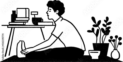 Relaxing stretching pose at desk with plants and coffee for a calm workspace