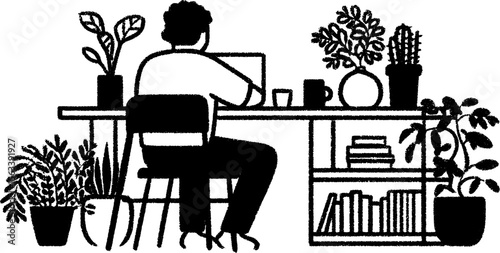 Cozy workspace with high desk, person working, and plants for home office inspiration