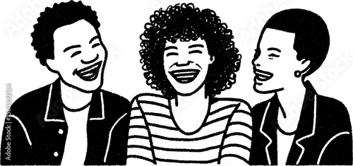 Joyful group sketch of three friends sharing laughter and connection
