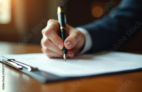 Close-up of hand signing document with pen. Businessman signing a contract in office, agreement on desk. Pen writes on paper. Legal concept of signature.