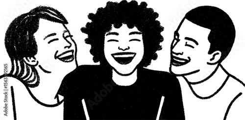 Joyful sketch of three friends sharing laughter