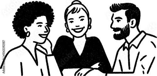Friendly business discussion concept with three people in sketch style