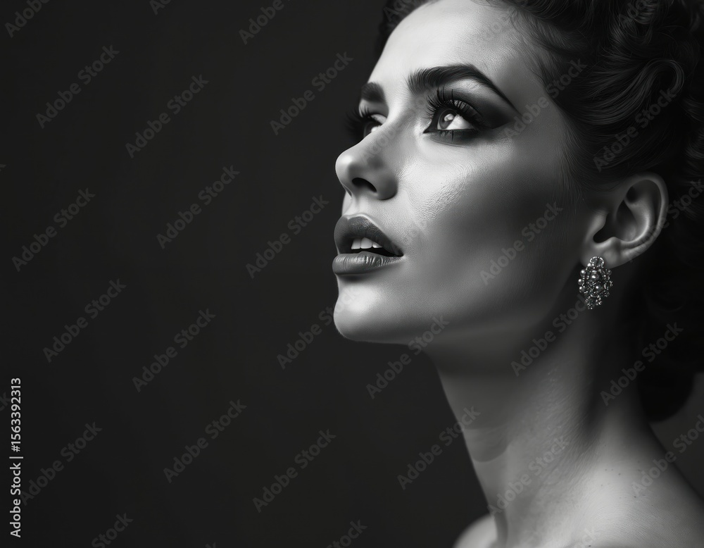 Fototapeta premium Elegant woman, dramatic makeup close-up, black, white portrait. Beautiful face with intense gaze. Art of opera, theatrical theme. Perfect model for fashion, beauty projects, style. Classic elegance,
