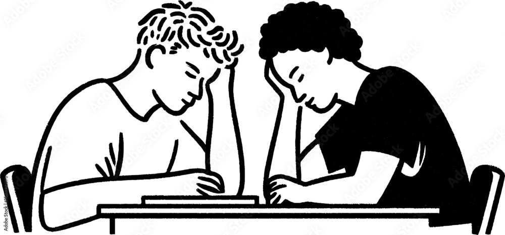 Fototapeta premium Collaborative learning concept: two friends studying together in artistic sketch