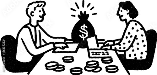 Entrepreneurs strategizing finances with calculations and dollar icon design