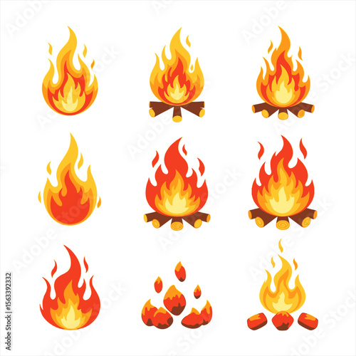 A collection of stylized campfire and flame illustrations in various stages, from small flames to burning embers.