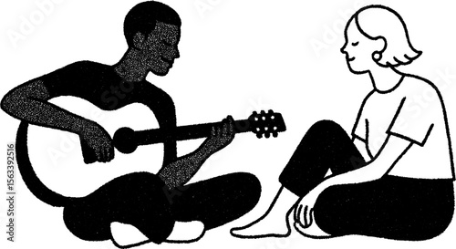 Friends enjoying acoustic guitar music in relaxed sketch style