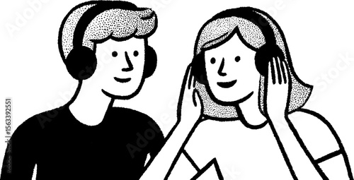 Friends enjoying music together - sketch of two sharing headphones