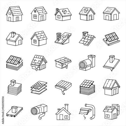 Collection of various detailed line art illustrations of different house roofs.