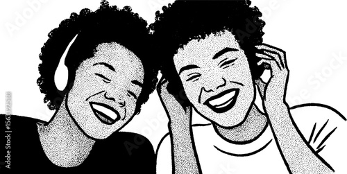 Friendship and music connection: two friends sharing headphones with joyful expressions