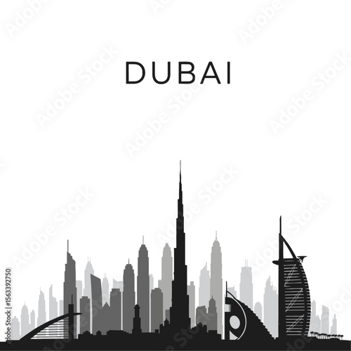 Silhouette cityscape of Dubai, featuring iconic skyscrapers and modern architecture.