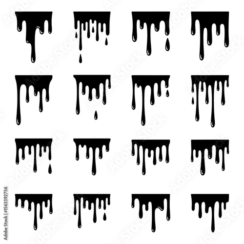 Collection of sixteen black dripping liquid illustrations, varying in drip density and length.