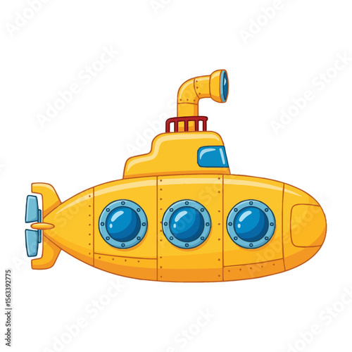 Cartoon illustration of a yellow submarine, featuring portholes and a periscope.