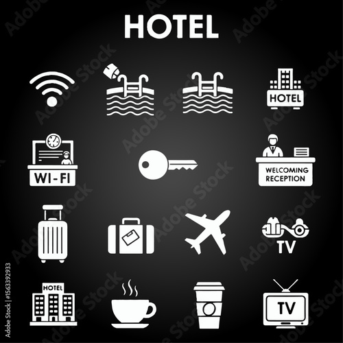 Collection of hotel-related icons, showcasing amenities and services available to guests.