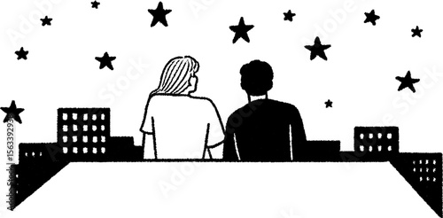 Nighttime rooftop scene with two people stargazing