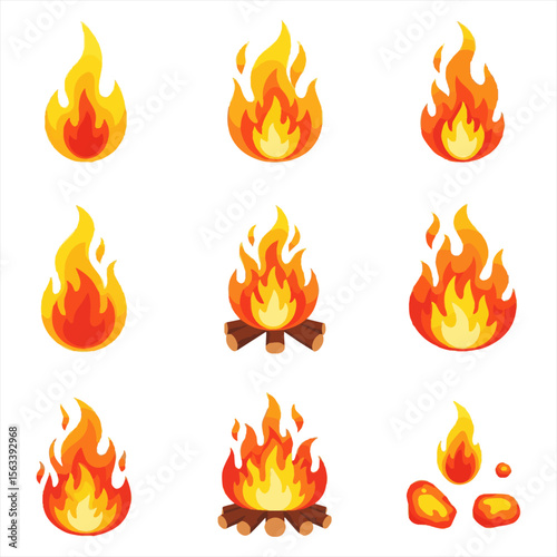 A collection of nine stylized cartoon flames, some with logs, isolated against a white background.