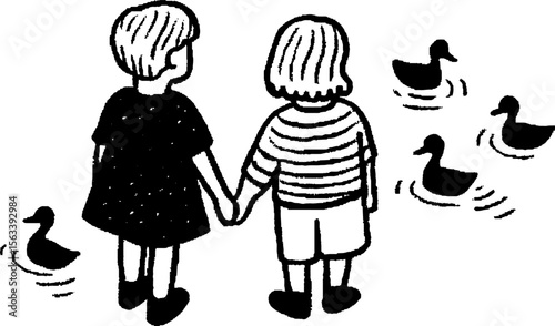 Charming childhood scene of siblings watching baby ducks in a sketch style