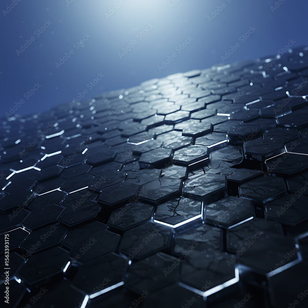 Obraz premium A futuristic, abstract surface of glowing hexagonal tiles. A high-tech background for concepts of technology, innovation, and science fiction.