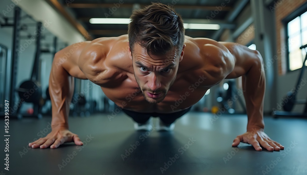 Fototapeta premium Man Doing Pushups in Gym for Strength and Fitness