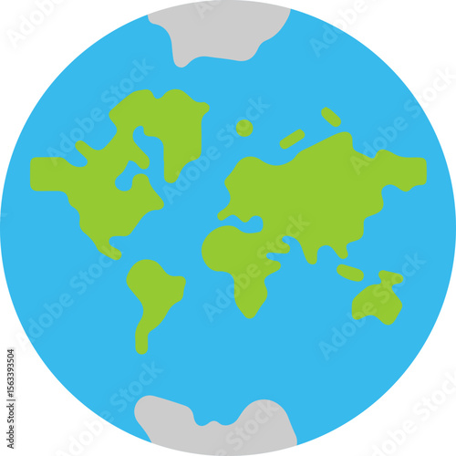 Flat Globe Earth Icon with Continents and Poles 