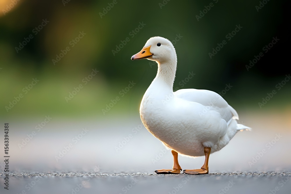 Obraz premium White domestic goose standing on concrete path against blurred green background, side view portrait of waterfowl with orange beak and feet.