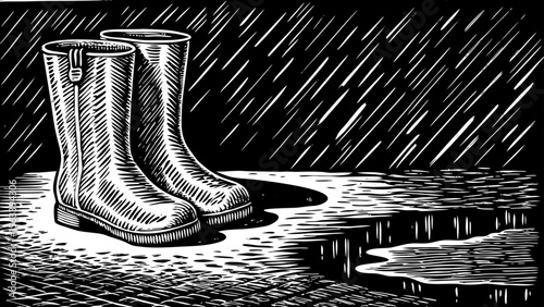 pair of rain boots with raindrops and puddles, suitable for seasonal designs, children’s books or weather illustrations a black and white line art illustration