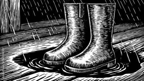 pair of rain boots with raindrops and puddles, suitable for seasonal designs, children’s books or weather illustrations a black and white line art illustration